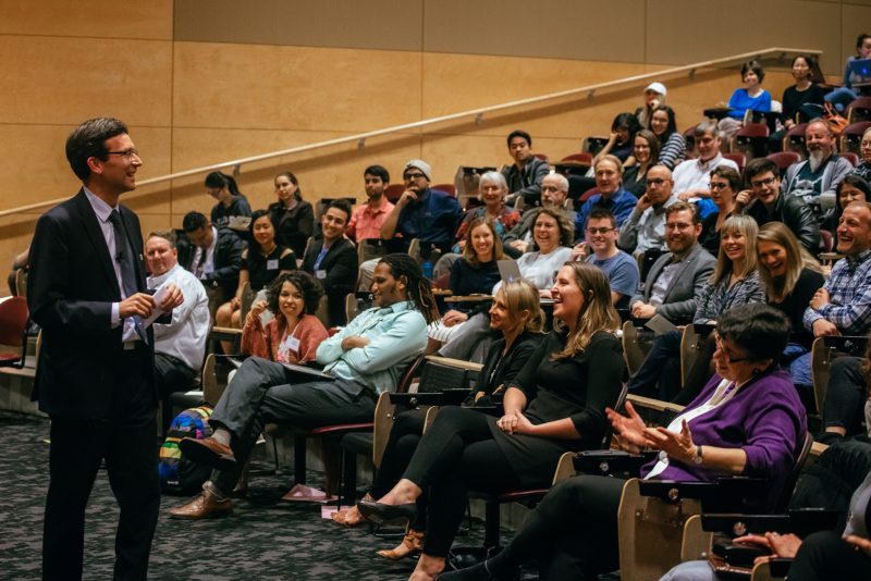 UW President Ana Mari Cauce reacts as Washington State Attorney General Bob Ferguson jokes at the Center for Human Rights Annual Celebration in May. (Photo: Nate Gowdy)